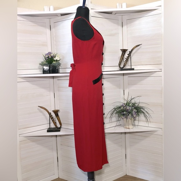 Vintage 80s 90s Audrey Hepburn style black red pencil sleeveless midi dress S - Picture 4 of 8